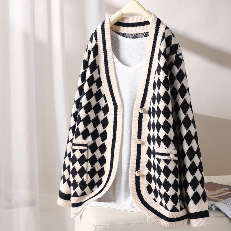 

Осень-зима, свитер с v-образным вырезом и длинными рукавами, женские повседневные черные кардиганы большого размера с узором «гусиные лапки», женские винтажные вязаные свитера One Size