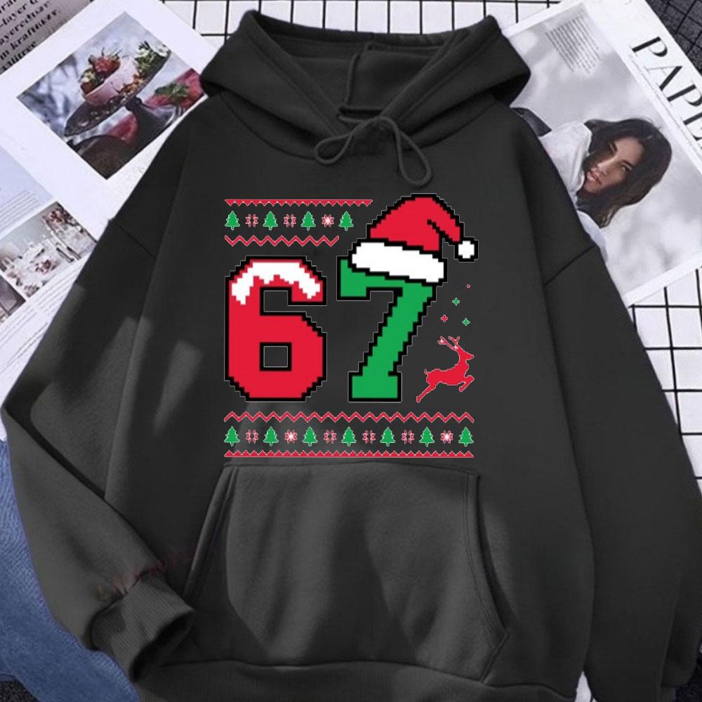 Christmas 67 Graphic Print Women Hoodie Cute Number 67 Design Women Hoody Retro Fun Santa Women Long Sleeve with Pocket Pullover