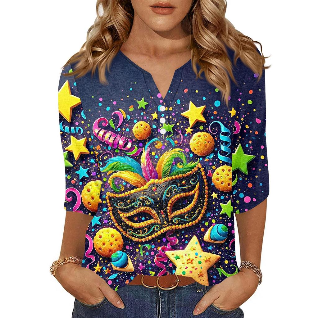 Dámské tričko s potiskem, knoflíky, 3/4 rukávy, pro každý den, na víkend, módní, základní, s výstřihem do V, běžný top