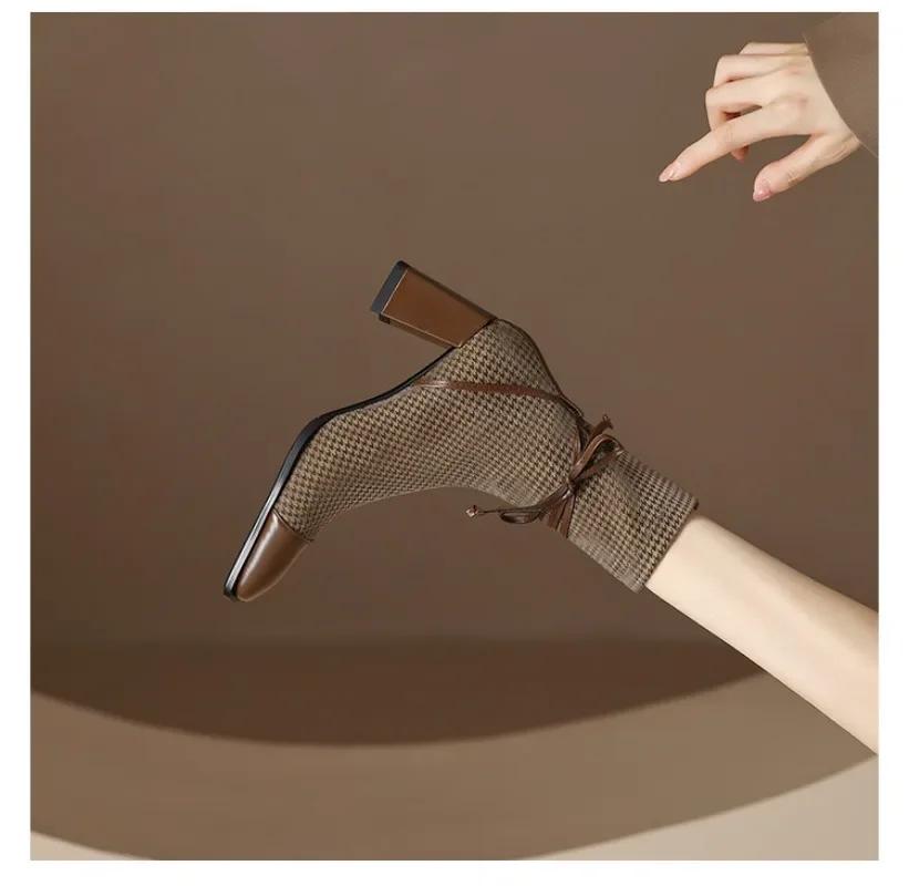 Móda 2024 Nové síťované dámské boty Špičaté kotníkové boty pro ženy Zimní zip Kancelářské podpatky Módní mašle Šněrovací Párty Dámské boty