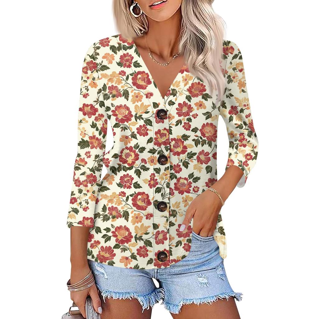 Women's Fashion Casual Print Button-down Shirt 3/4 Long Sleeve Tops