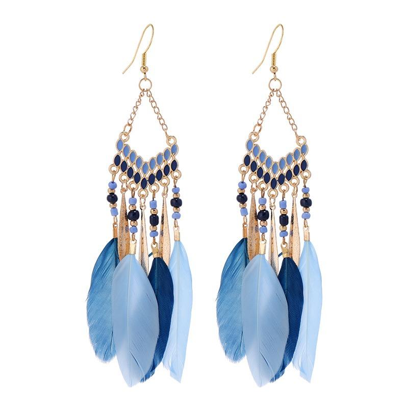 Retro Feather Fringed Earrings Women's Niche Personality Bohemian Blue Long Yunnan Travel Photography Earrings