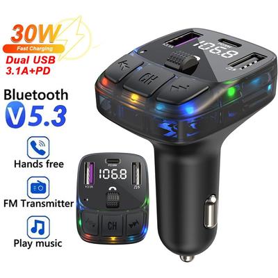 Trasmettitore FM Bluetooth 5.3 per auto PD 30W Dual USB 4.2A Caricabatterie rapido Luce ambientale Radio vivavoce Modulatore Lettore MP3 Supporto TF U Disk