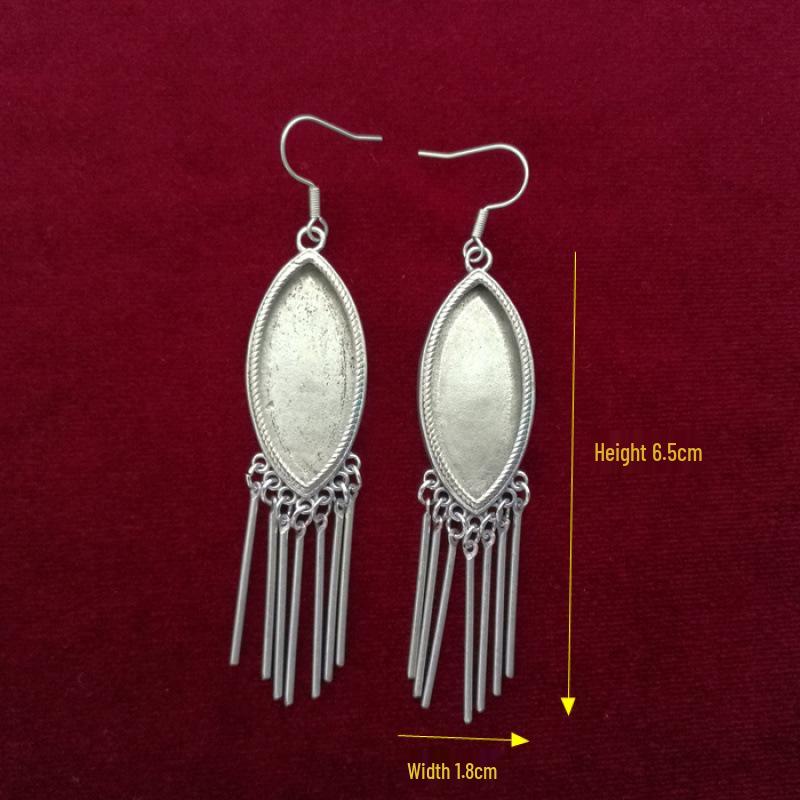 Handmade Miao Silver Ethnic Earrings with Embroidery Inlays and Tassel