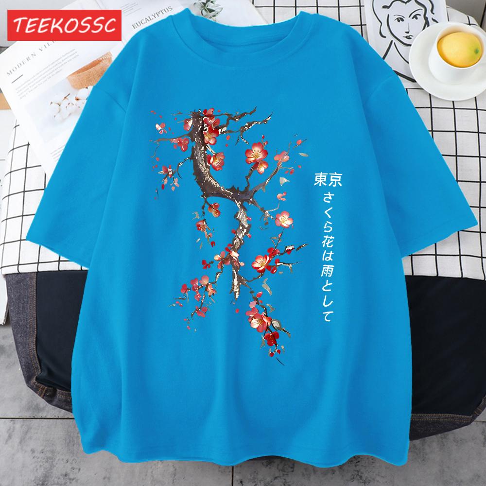 Cherry Blossoms And Rain In Tokyo Men Retro TShirt Casual Cotton Tee Loose Hip Hop Clothes Male ONeck Comfortable Short Sleeve
