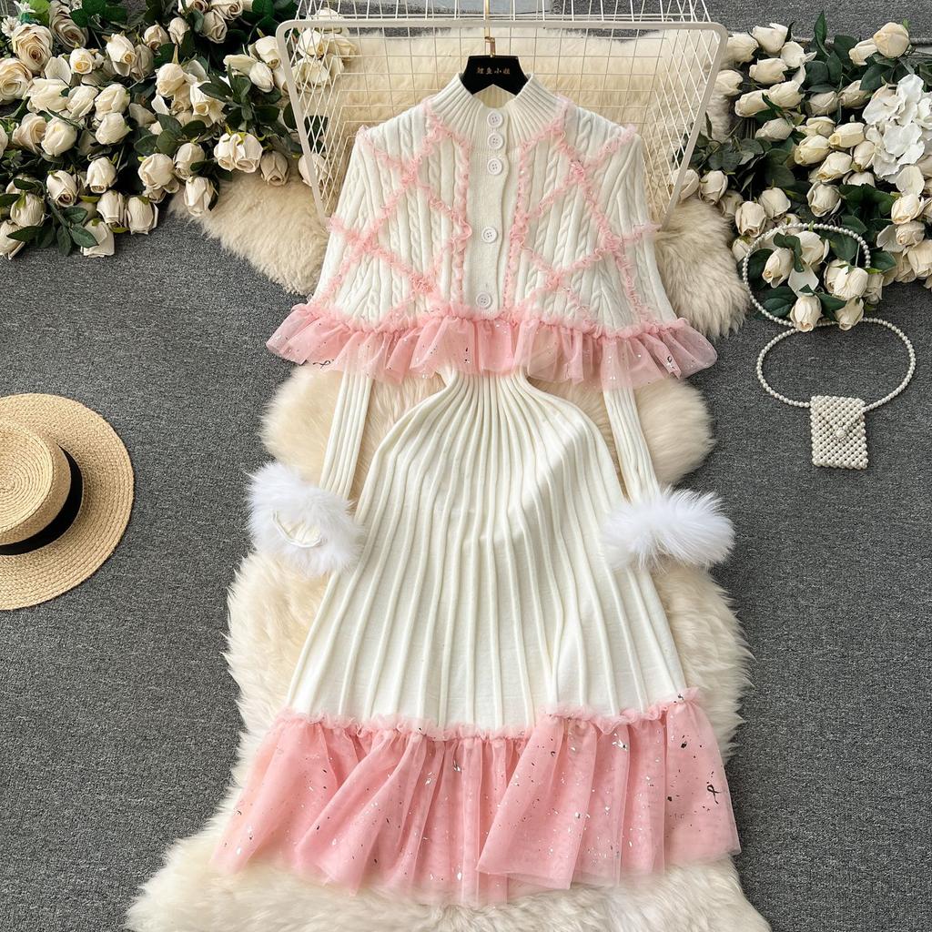 Sweet French Style Cloak Sleeves Print Set Cardigan Lace Patchwork Slim Ruffles Dress Pleated Knit Fungus Fur Suit Mujer