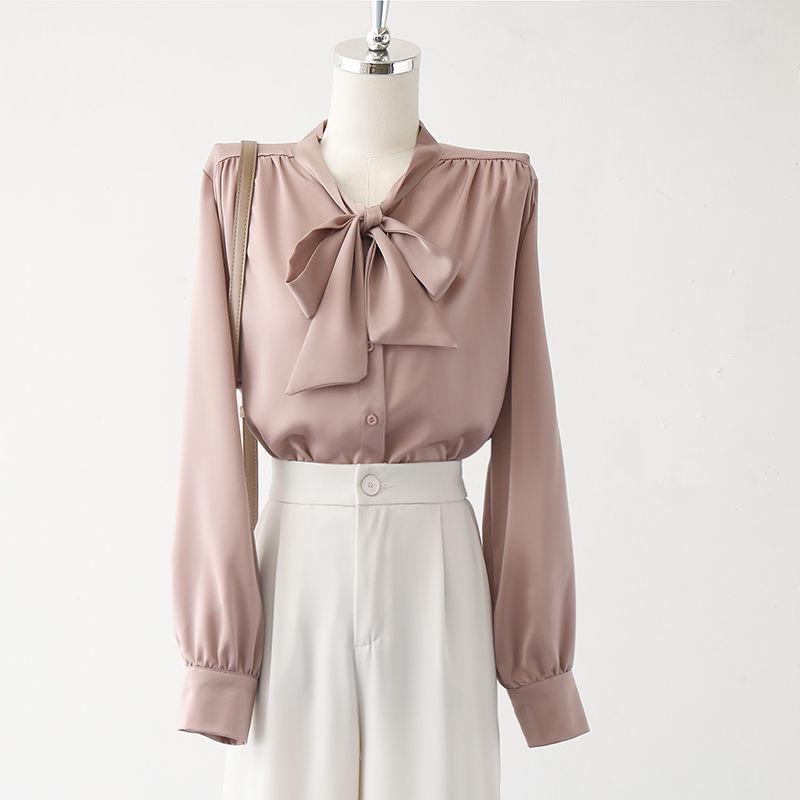 Women s High-End Chiffon Bow Knot Shirt - Fall Retro OL Style Long Sleeve M розовый