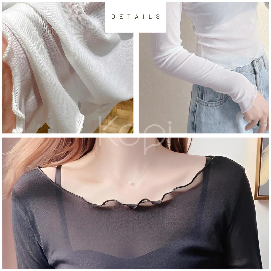Kopi Long Sleeve Sheer Layering UV Elegant Tulle Round Sexy White Plus Size F See-Through Shirt, Protection, Top, Neck, Lace, Blouse, Women's, Size,