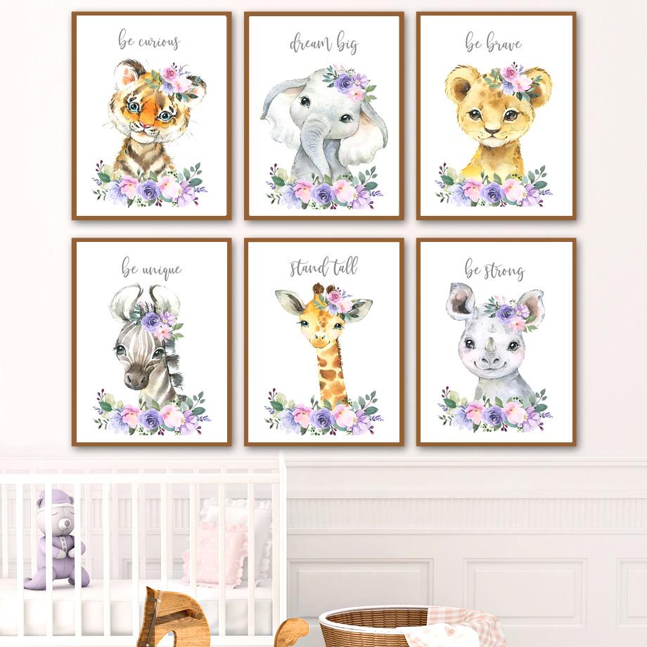 Lavender Pink Floral Animal Poster Elephant Lion Giraffe Nursery Wall Art Print Canvas Painting Wall Pictures Baby Room Decor