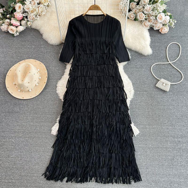 

Sanzhai Ruched A- Shaped Tassel Dress Elegant Short Sleeve Black All yards
