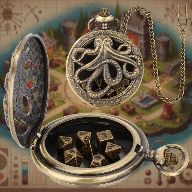 Portable and Stylish Pocket Watch Set Polyhedral Dices Set with Pocket Watch Case Pocket Watch Case Pendant