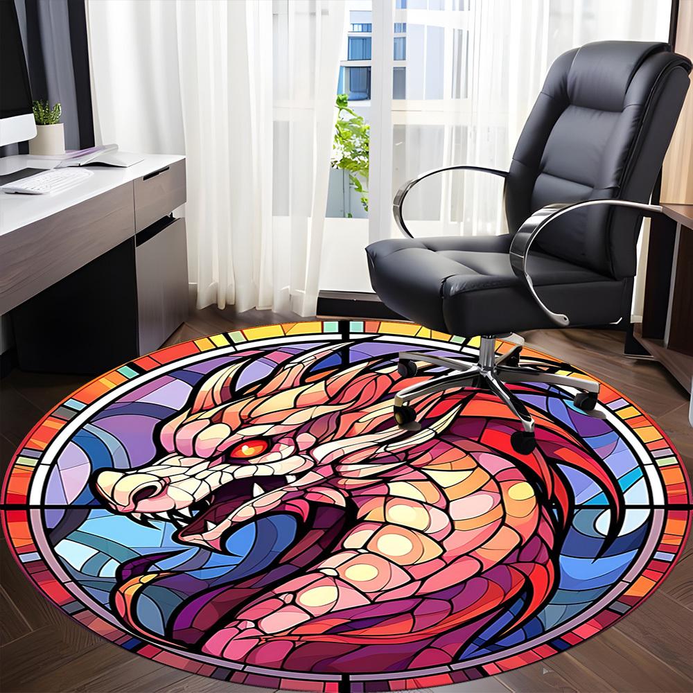 1pc StainedGlass DragonHead Office Round Area Rug, Indoor Mat Suitable For Office, Under Office Chairs Bedroom Living Room Home Decor, Room Deco 086