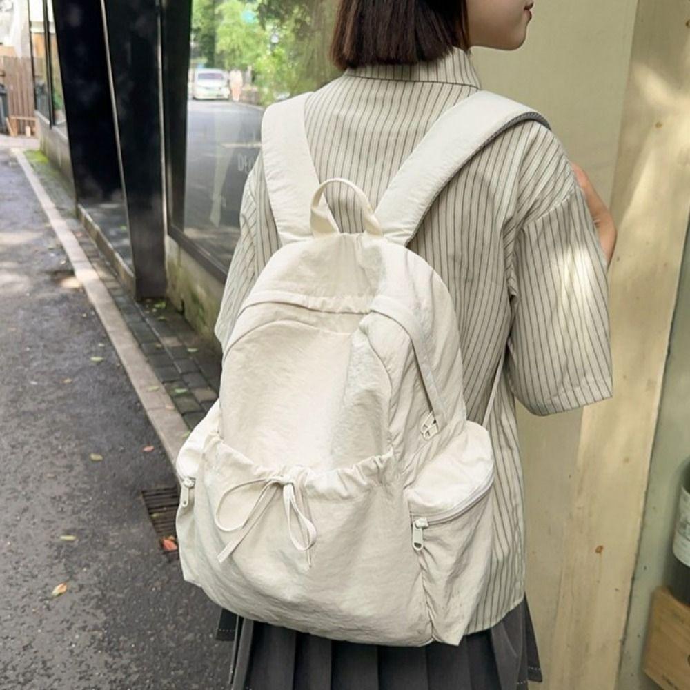 

Sweet Bow Wrinkle Backpack Solid Color Travel Shoulders Bag Nylon Lightweight Backpack Women