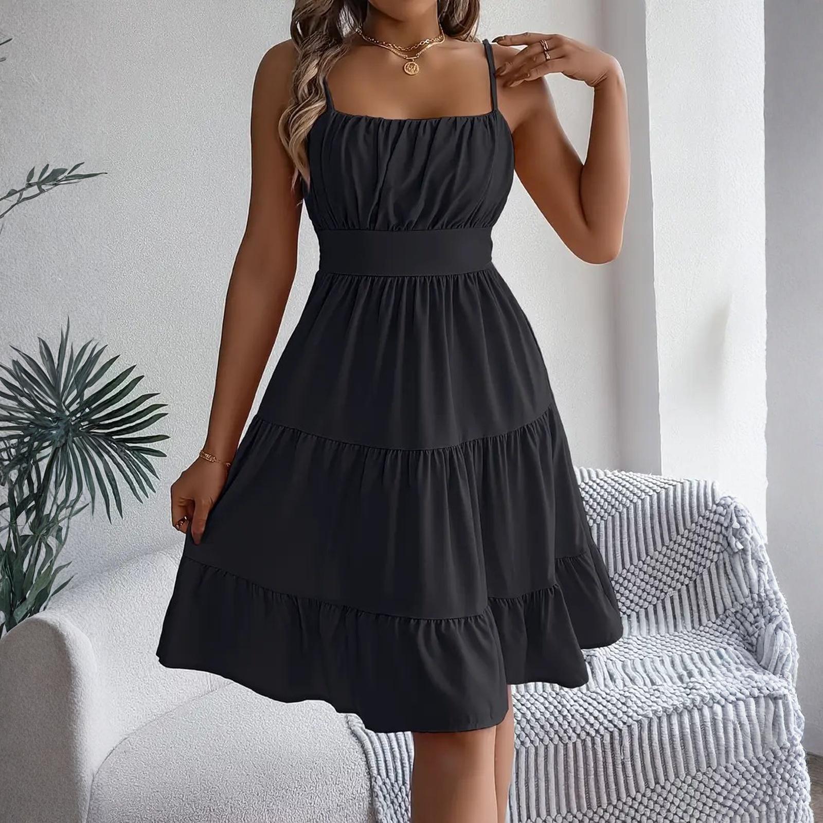 

Женское модное однотонное платье-камисоль без рукавов с квадратным вырезом и многослойной плиссировкой S чёрный