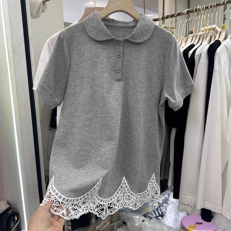 European Style 2026 Summer Embroidered Lace Crochet Polo Collar Women s White Lapel Short Sleeve T-shirt L серый
