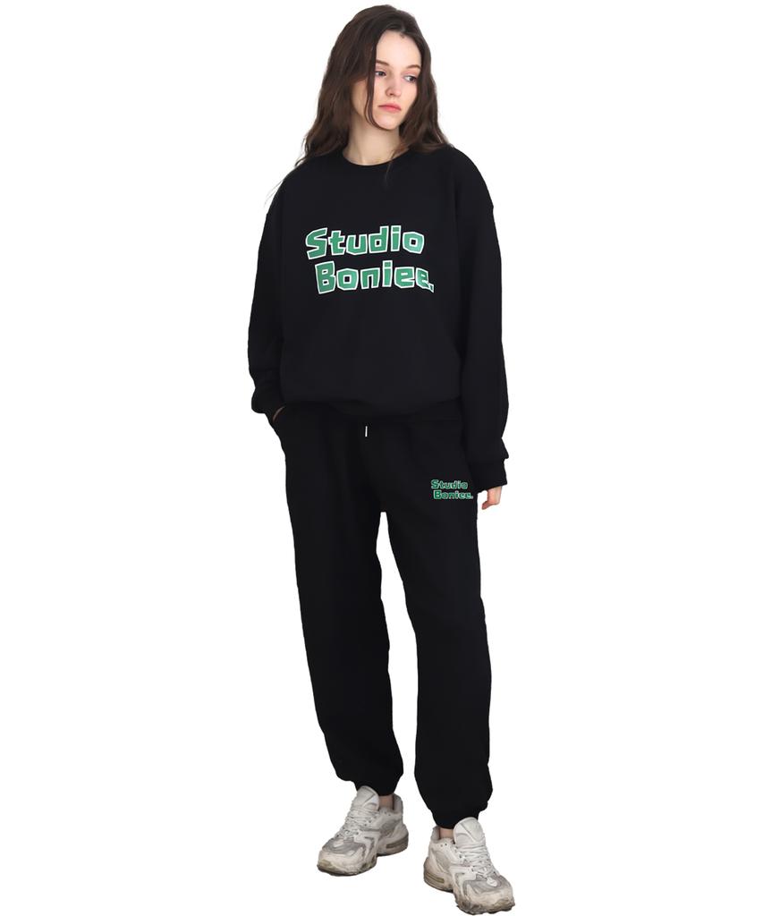 BONIEE [Fleece Lined] Block Typo Graphic Oversized Sweatshirt Black