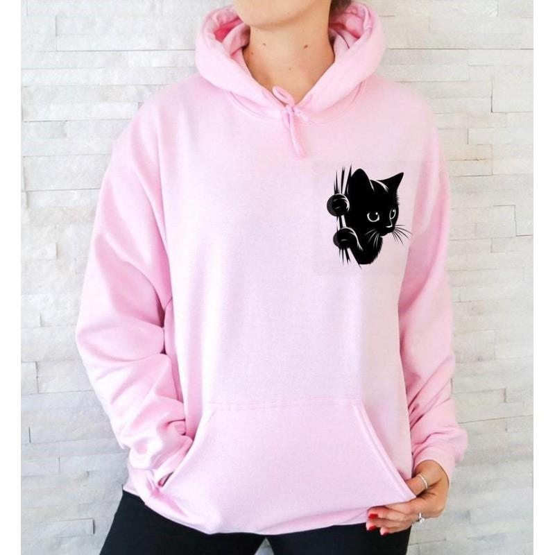 Womens Hooded Long Sleeve Sweatshirt With Cat Print - Casual Streetwear Top In Multiple Colors
