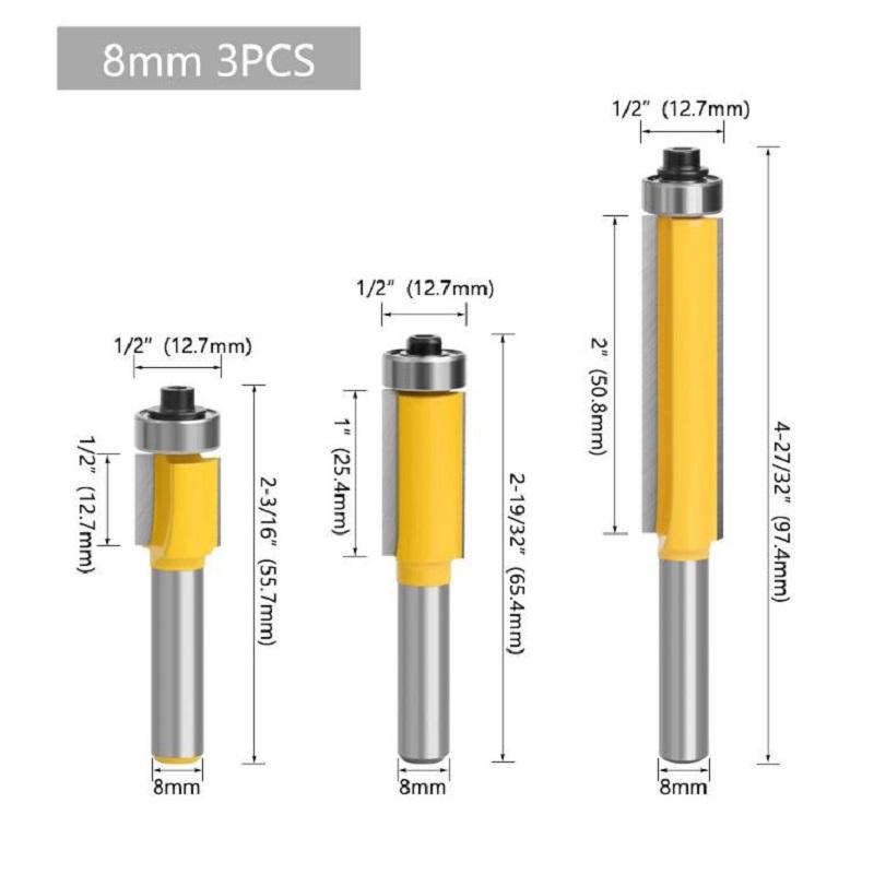 

Фреза кромочная с хвостовиком 8 мм и подшипником для дерева, шаблонная, пазовая, твердосплавная 3pcs