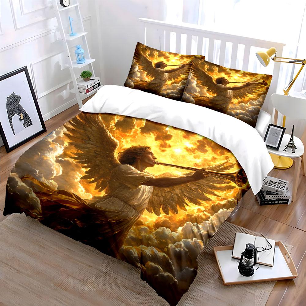 Angel Blowing Golden Trumpet Print Bedding Set 1 Duvet Cover 2 Pillowcases for Adult and Children Luxury Gift Full Size