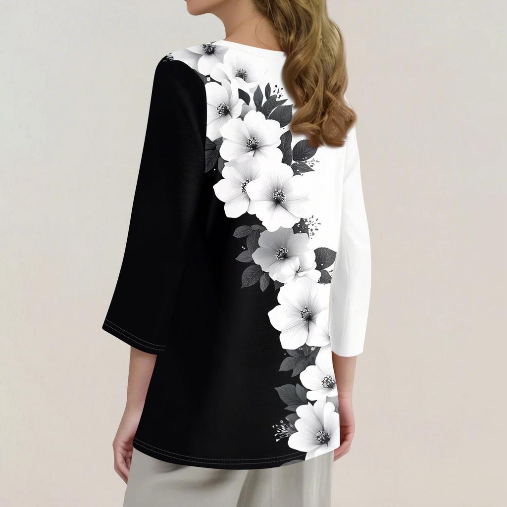 Damen T-Shirt mit Aufdruck, Knopfleiste, 3/4-Ärmel, für den Alltag, Wochenendmode, Basic, V-Ausschnitt, normales Oberteil