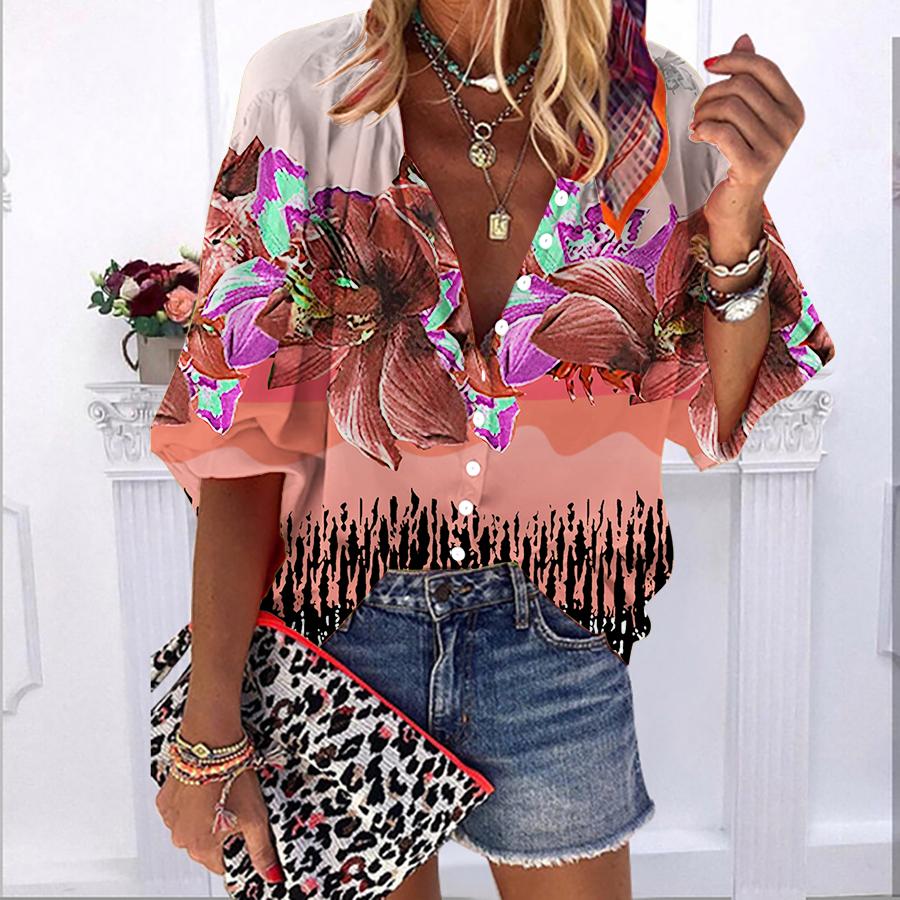 2023 sommer Herbst Neue Mode frauen Tops Schöne Weiße Lotus Blume. Bedrucktes, halblanges, lässiges Button-Down-Hemd in Übergröße mit Ballonärmeln