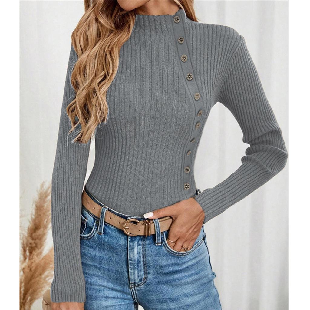 Dame Casual Ensfarget Slim Fit Strikket Genser Langermet Basisgenser Genser