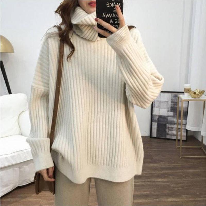 High Neck Loose Slouchy Style Ladies Sweaters Solid Colour Thickened Casual Peplum Knitted Bottoming Shirt Can Be Worn Outside Warm Tops