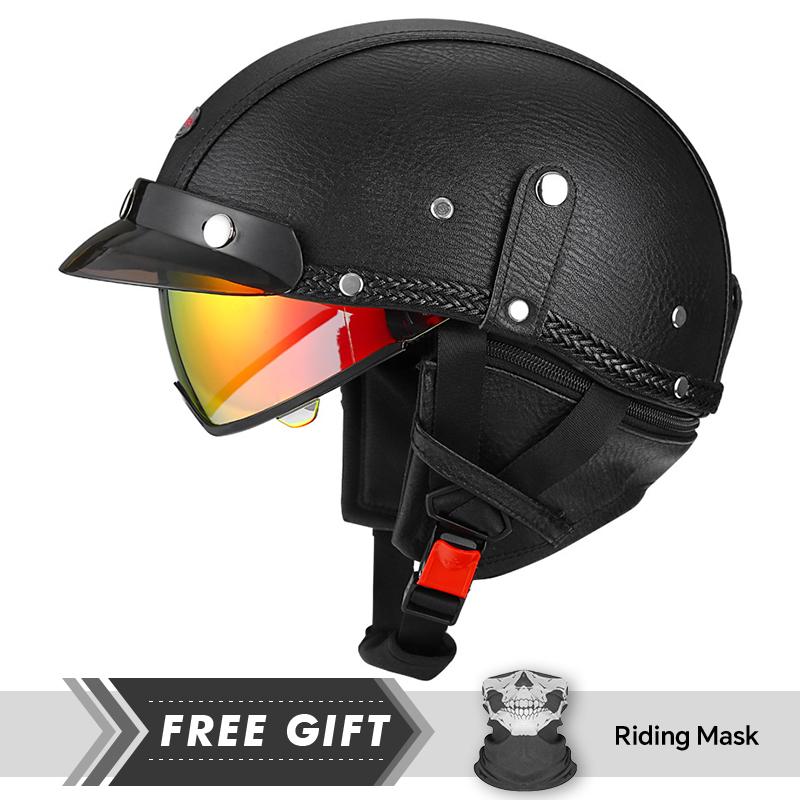 DOT Approved Retro Half Face Motorcycle Helmets Leather Vintage 1/2 Half Helmets Built In Lens Low Profile Open Face Helmets