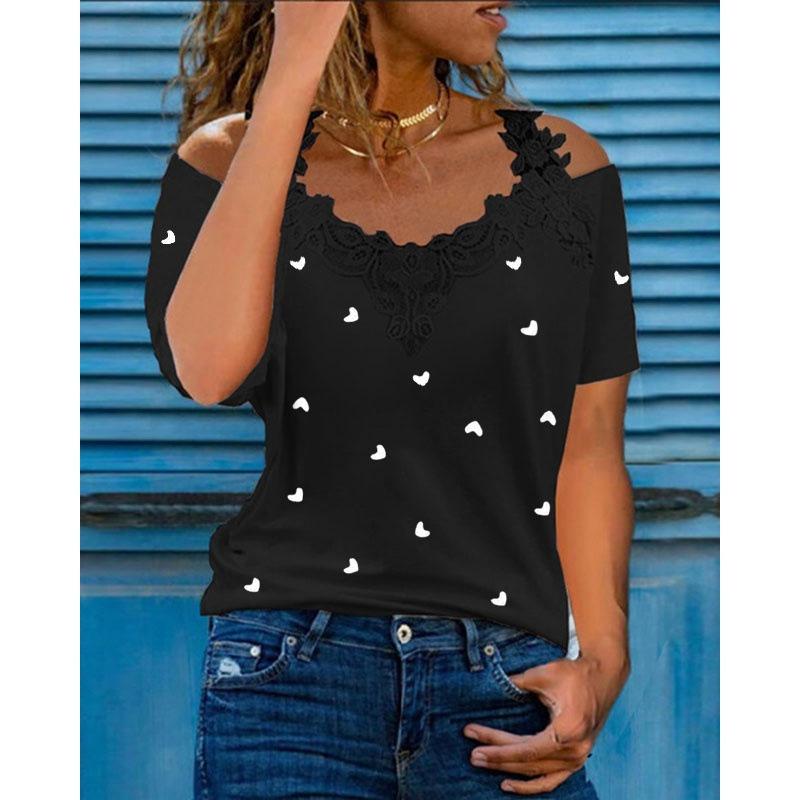 Summer Fashion Casual Top Lace Stitching T-shirts Cute Heart Print Women's T-shirts