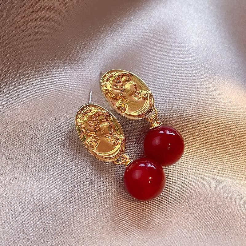 Angkor Red Sphere Retro Stud Earrings - Unique Women's Design