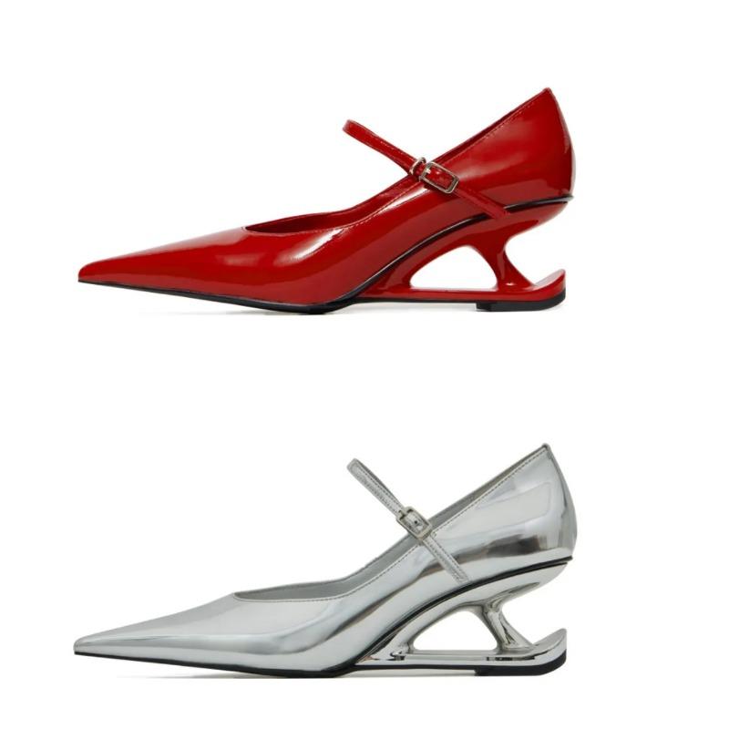 Fashion Red Heel Women's Mary Jane Shoes 2025 New Pointed Toe Style Buckle Leather Shoes Black Fashion Party Casual Shoes