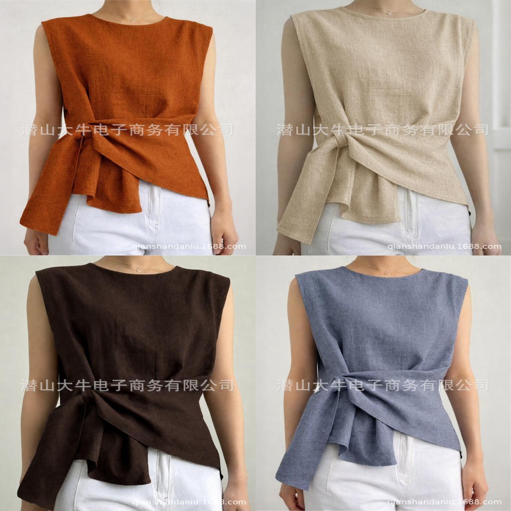 Camicetta senza maniche in poliestere con nodo frontale per moda casual estiva da donna
