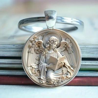 Alloy Keychain Pendant Round Metal Key Ring with Embossed Angel Figure Decorative Accessory for Bags and Keys