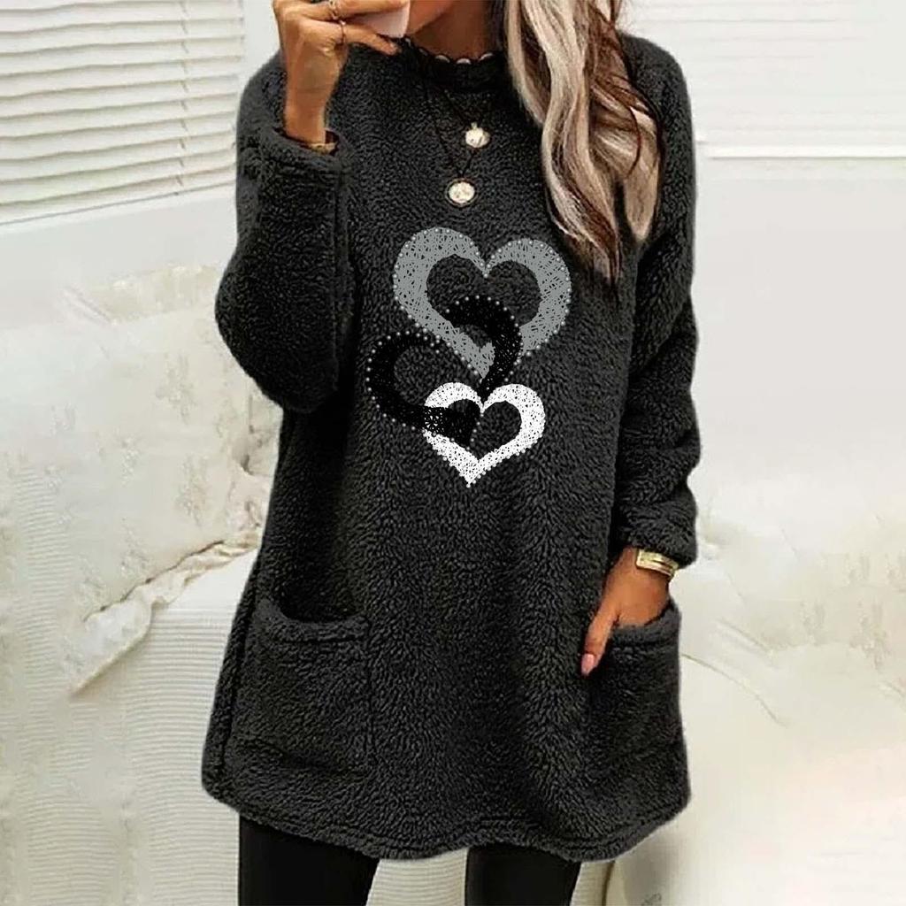 Heart Print Pocket Plush Hoodie - Women’s Long Sleeve Round Neck Loose Fit