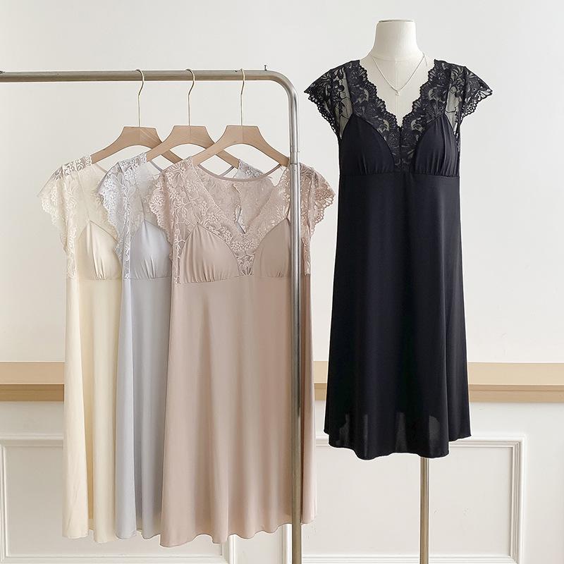 French Ice Silk Nightgown with Built-in Bra, Cool Silky Touch, Short Sleeve, Lightweight Home Wear, Sexy Pajamas