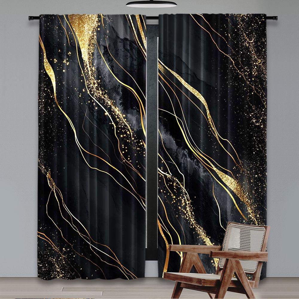 2Pcs Black Gold Marble Window Curtains Suitable For Bedroom Bathroom Living Room Window Drapes Gold Modern Design Art