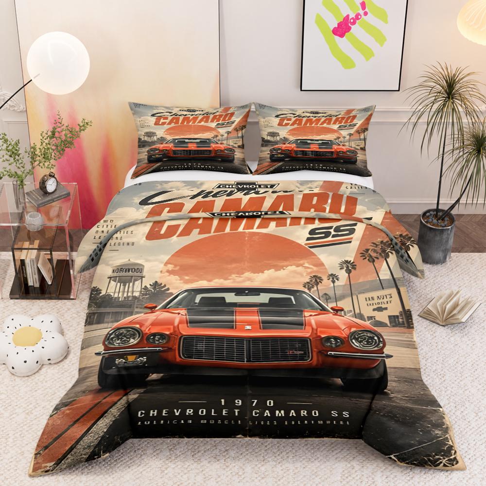 1970 Chevrolet Camaro SS Vintage Duvet Cover Set with 2 Pillowcases for Kids Room Bedding