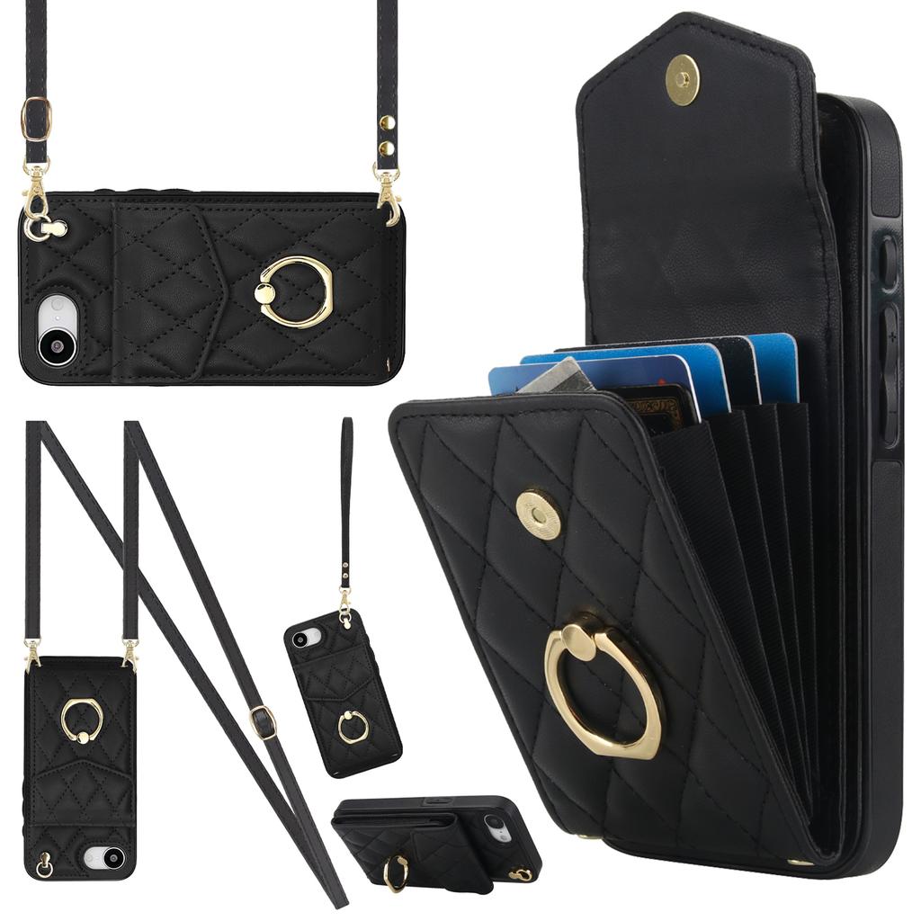 For iPhone 16e Case RFID Blocking Card Bag Leather+TPU Crossbody Phone Cover with Ring Kickstand