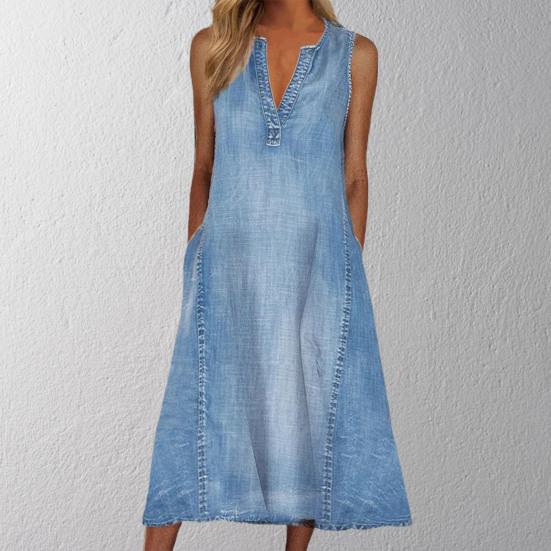 Bez rukávov V elegantná krása Dámske šaty Šaty odolné proti zrážaniu Vrecká Šaty Veľký lem Dámske Denim s midi výstrihom