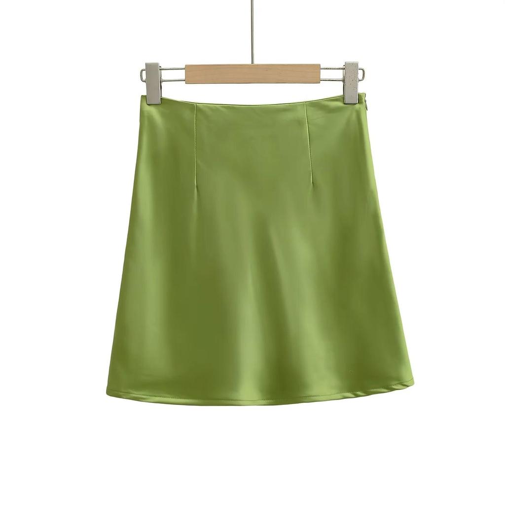 2025 Summer French Retro Satin Acetate A-line Mini Skirt with Side Zipper
