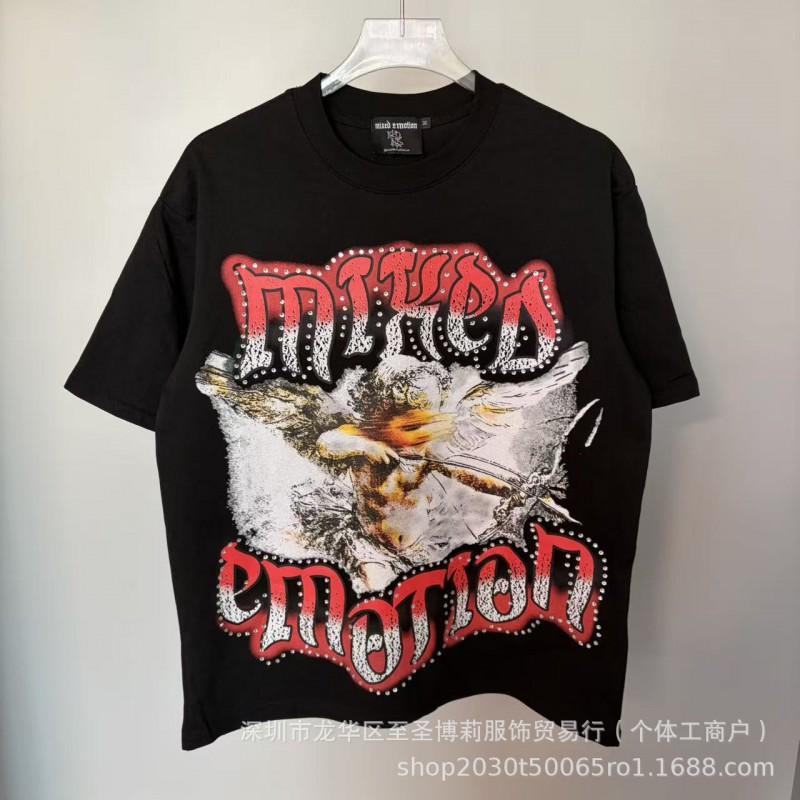 Unisex Vintage American Style Loose Fit Cotton Tee With Embellished Letter Print Round Neck Short Sleeve