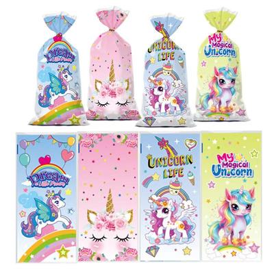Pungă de bomboane cu unicorn curcubeu și imprimeu de desene animate - ambalaj din plastic cu șnur de strângere