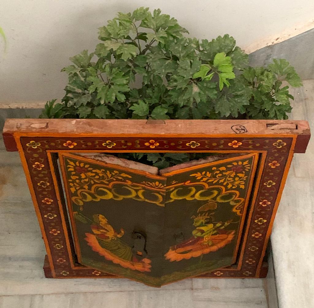 Antique Hand-Painted Krishna Wooden Window Frame: Indian Religious Decor