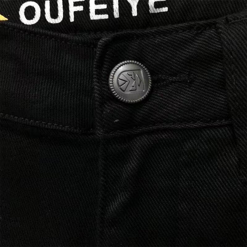 High-End 2024 Men's Designer Black Jeans: Slim-Fit, Printed, Versatile Trousers for Spring & Autumn.