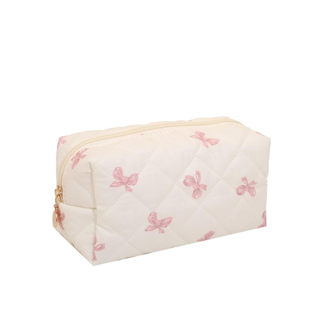 Módny štvorcový dámsky clutch taštička na make-up prenosná roztomilá dámska kozmetická toaletná taštička kabelka so zipsom s potlačou mašle
