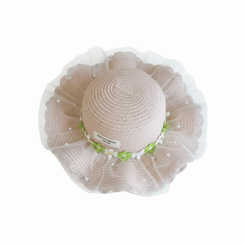 Wide Brim Children Sun Hat Pearl Decoration Breathable Material Sun Hat Straw Material Lace Trim Shoulder Bag Girls Accessories