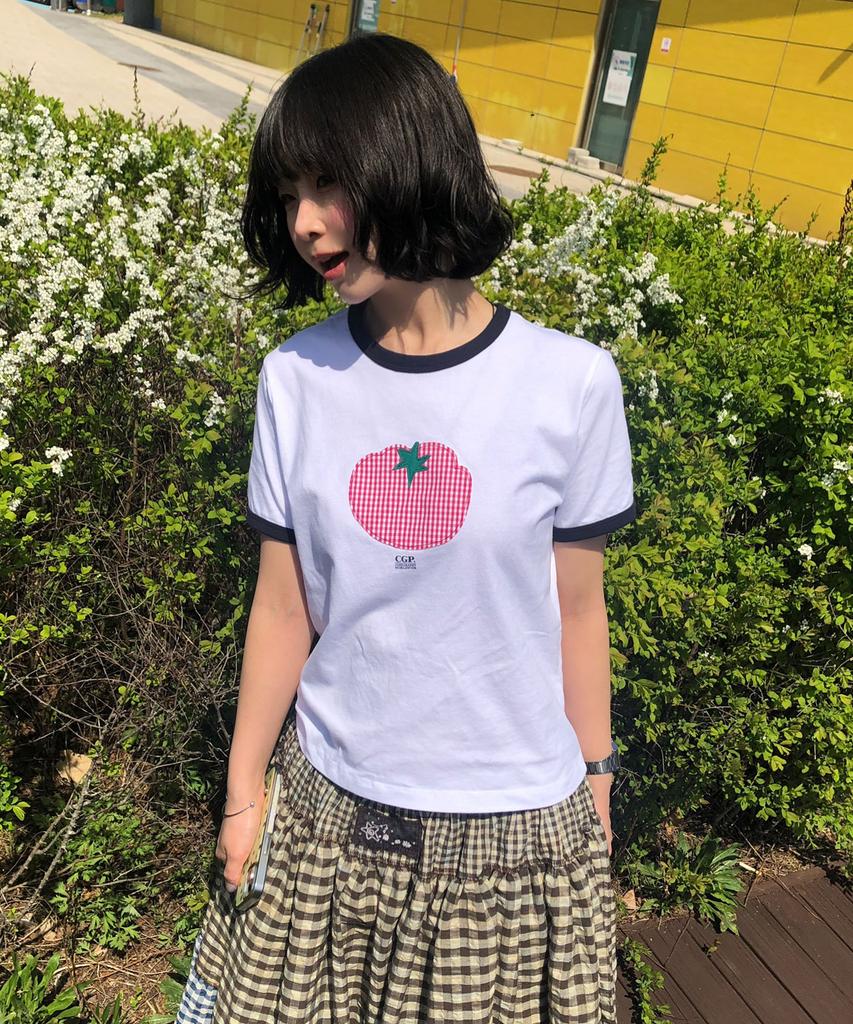 CGP (Women) Check Tomato Ringer Short Sleeve T-Shirt - White