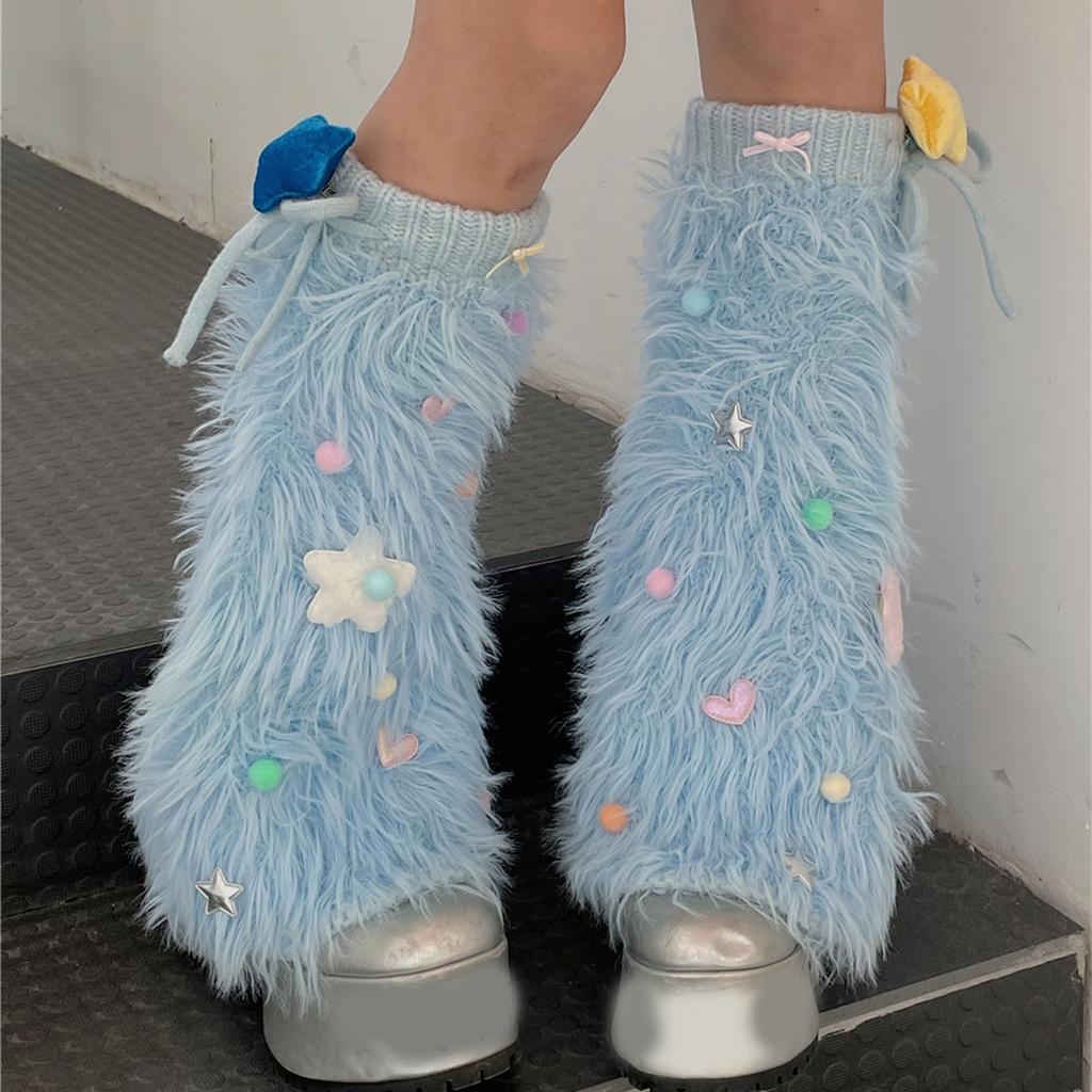 Winter Niedlich Bunt Stern Schleife Flauschig Lange Strümpfe Beinstulpen Ästhetisch Stiefelsocken Plüsch Warm Beinstulpen Abdeckungen