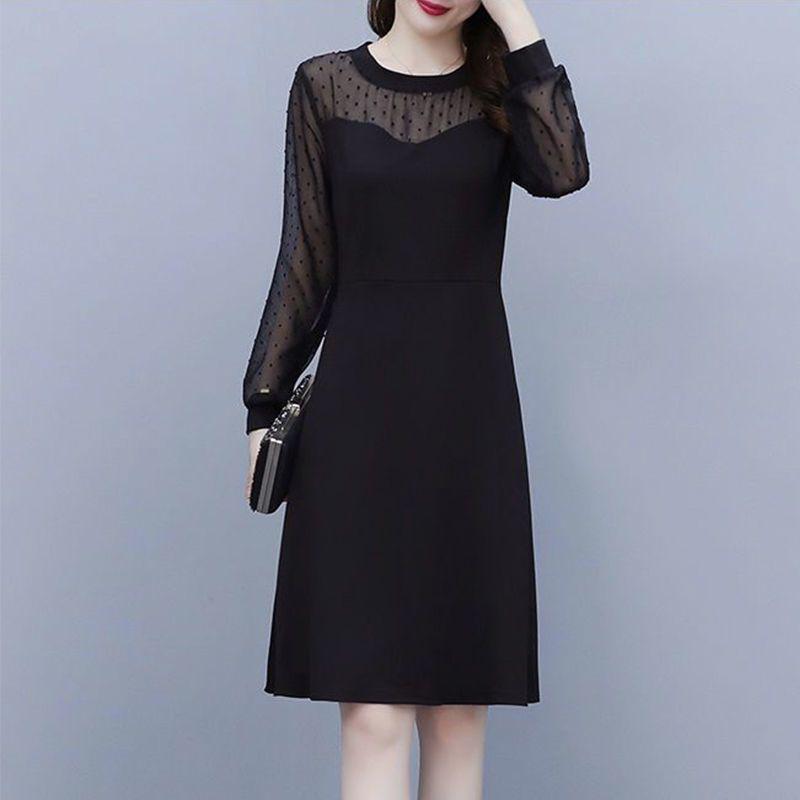

Plus Size Polka Dot Mesh Hepburn Dress: Spring & Autumn Korean Style Waist-Slimming, Age-Reducing Fashion for Women L (100-120 lbs)