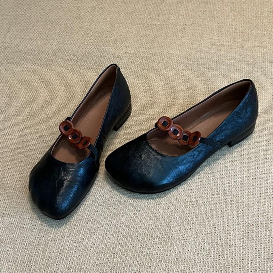 

Sheepskin version~ niche retro round head thick heel single shoes women s versatile button elastic band light mouth soft leather Mary Jane shoes 40 чорний